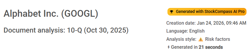 StockCompass risk-focused 10-Q analysis for Alphabet (GOOGL), generated in 21 seconds