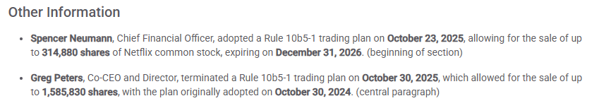 Netflix 10b5-1 trading plan disclosures in the 10-Q