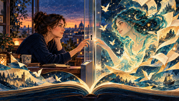 Editorial illustration of an adult and an imagined digital companion reaching toward one another across a glass barrier, surrounded by storybook pages and warm light.