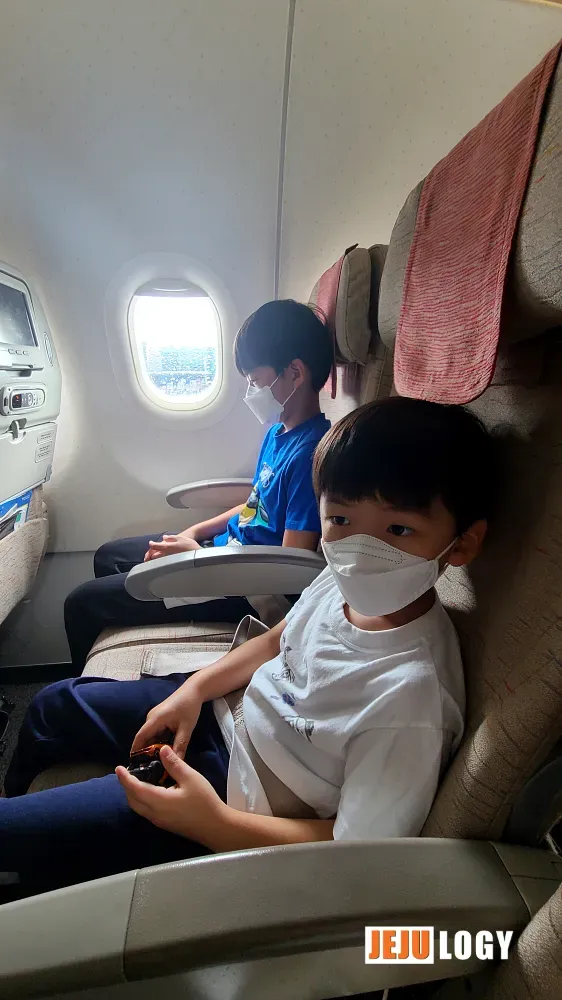 Two kids in masks on the flight, the older one by the window