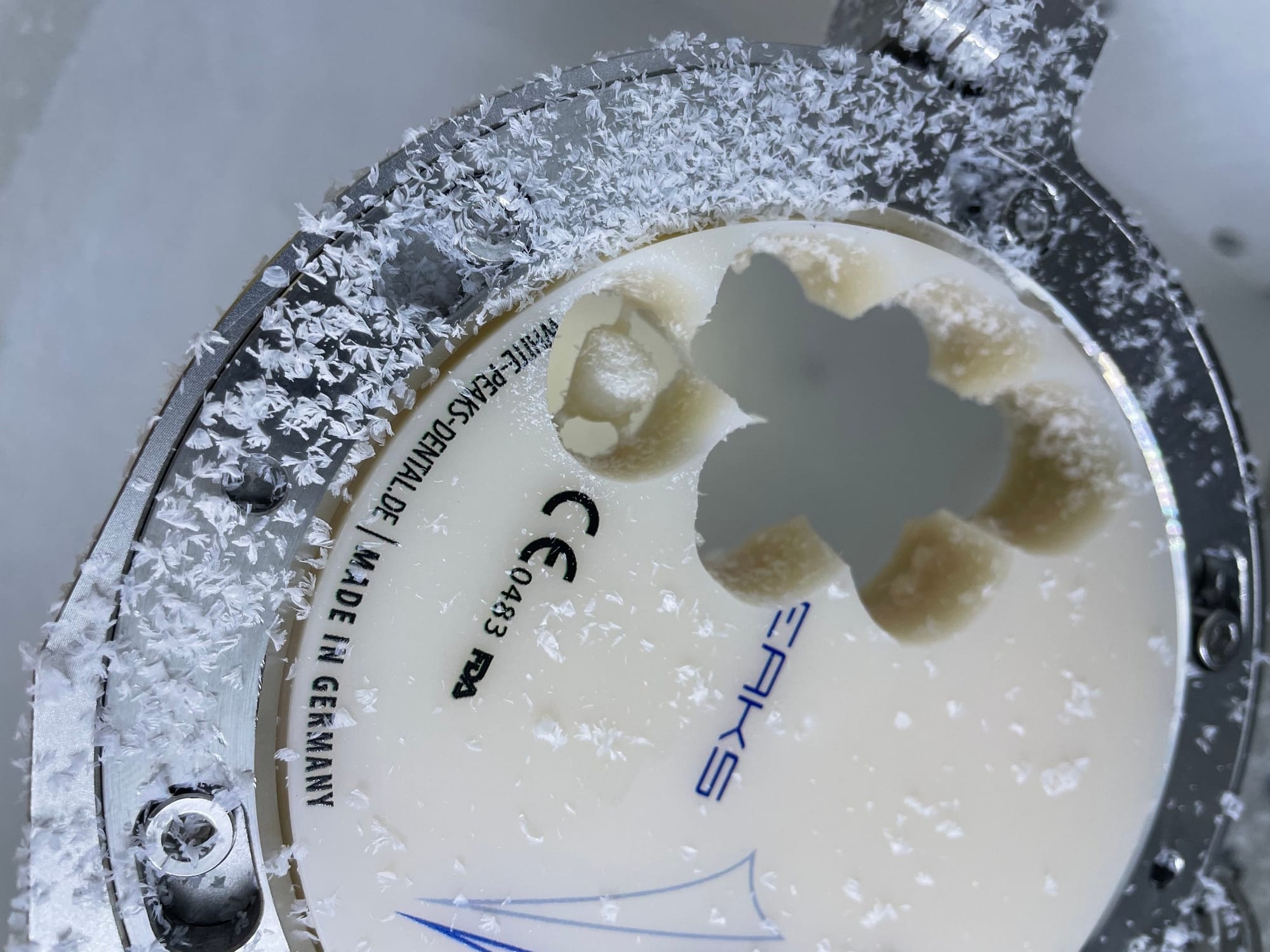 A crown freshly milled at Longworth Dental's in-house lab