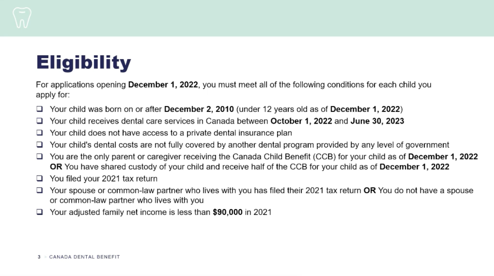 Slide: Canada Dental Benefit eligibility (under 12, no private insurance, family income under $90,000).