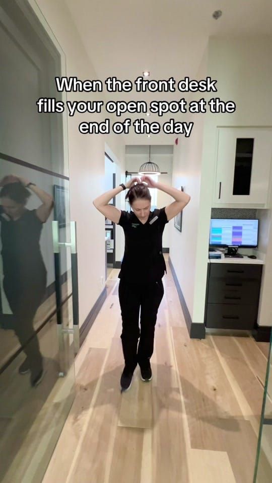A Longworth Dental Courtice team member walking down a hallway with a resigned gesture, with on-screen text reading: when the front desk fills your open spot at the end of the day.