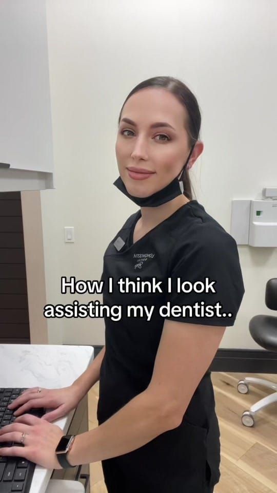 A Longworth Dental Courtice assistant posing polished at a keyboard, then pulling a goofy face for the 'how I actually look' reveal.