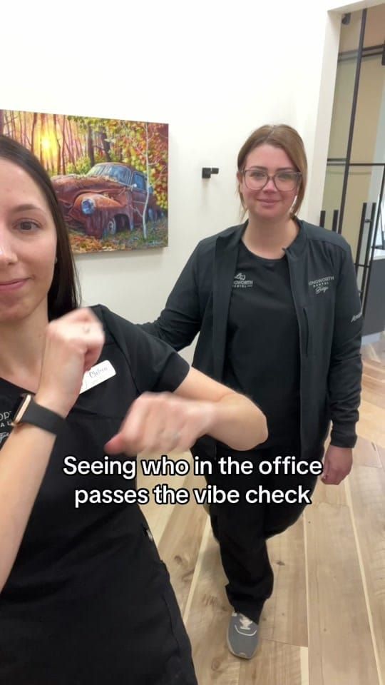 Longworth Dental Courtice team members taking turns in a playful office vibe check, each with a name and check mark.