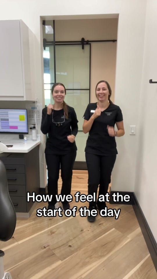 Two Longworth Dental Courtice team members posing energetically at the start of the day, then one slumped in the chair at the end.