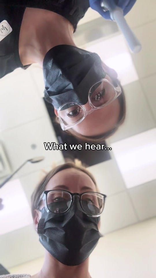 Two masked Longworth Dental Courtice team members seen from the chair, with cartoon eyes over their faces for the patient's point of view.