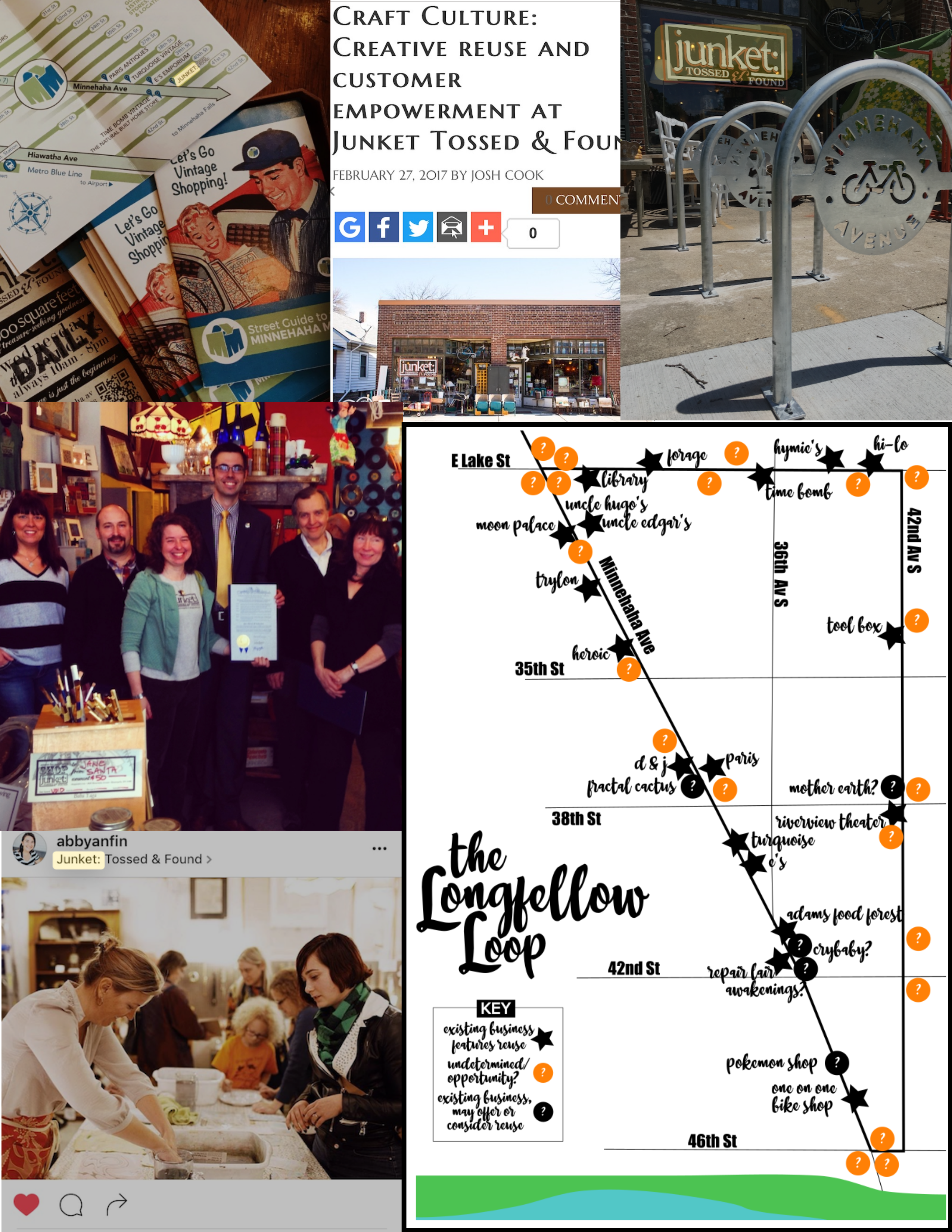 Image collage featuring reuse-centric economic activity and business district design in the Longfellow neighborhood of Minneapolis