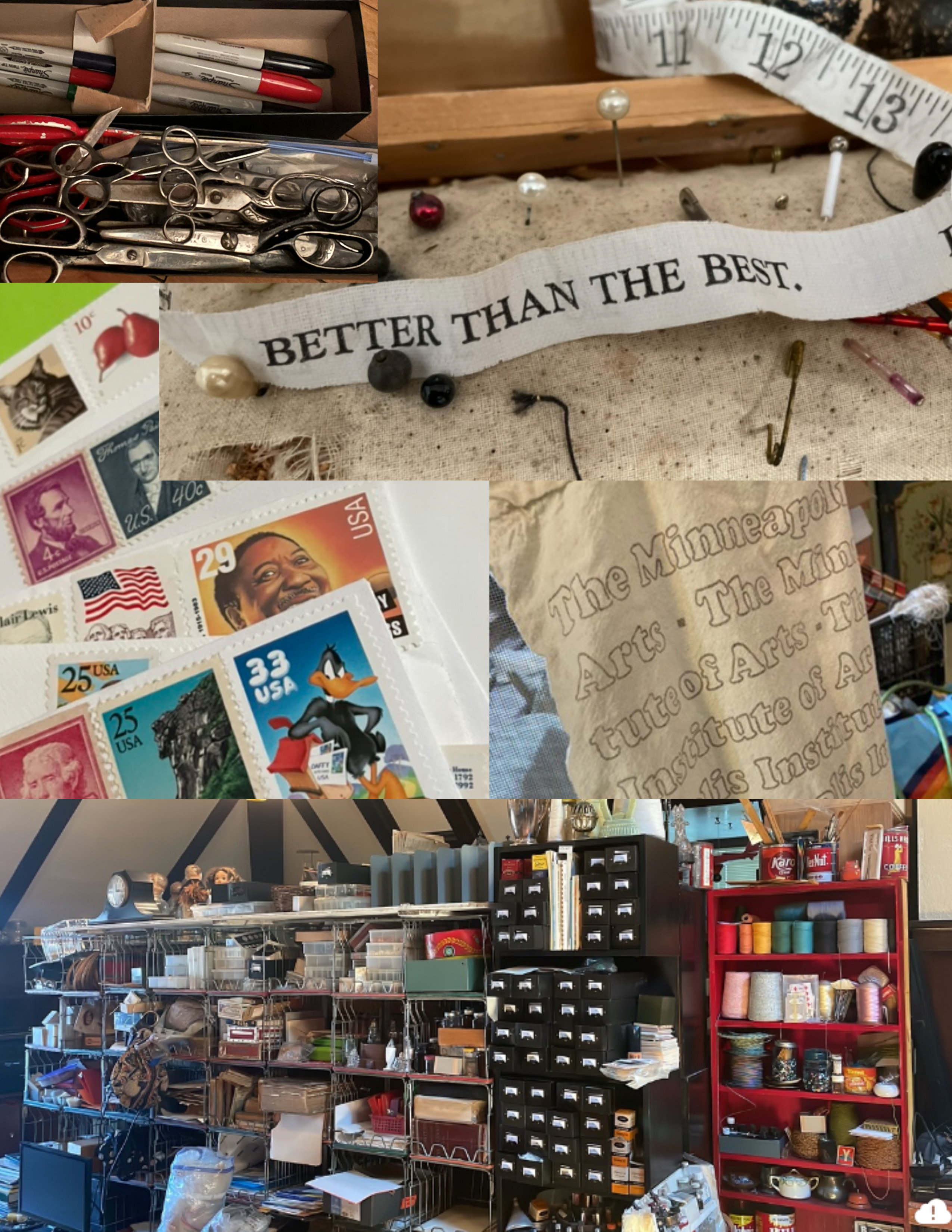 Photo collage featuring multiple collections of small/creative goods gleaned from post-consumer sources: thread & yarn, ink & papers, fixturing and all manner of small, mostly vintage supplies & materials