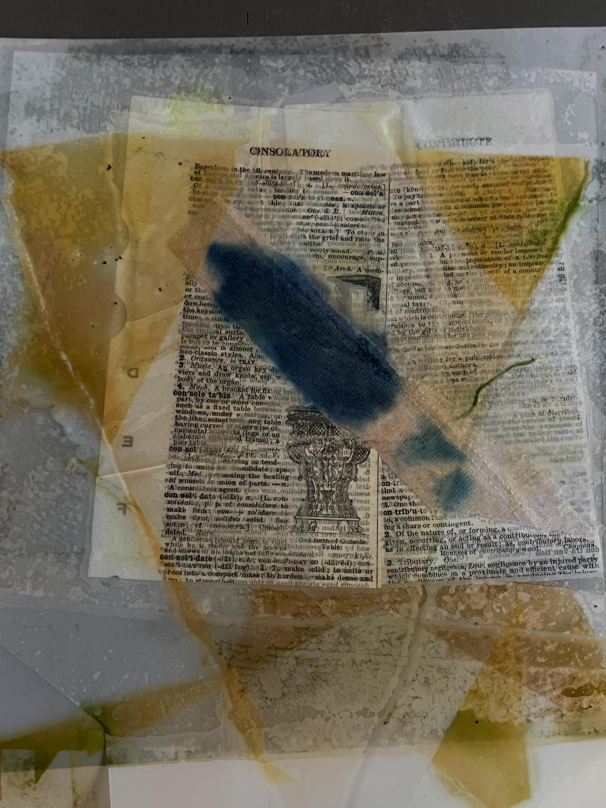 Layered composition of translucent film, vintage dictionary pages, blue pigment on linen scrap, and pressed clover before separation.