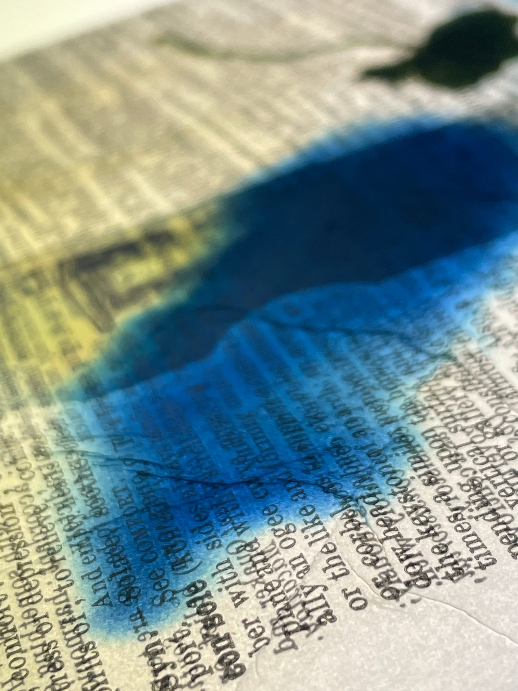 Close-up of blue pigment spreading across translucent paper beside a pressed clover stem and layered dictionary text.