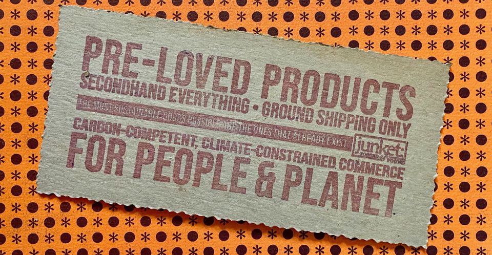 Image desc: Stamped cardboard reads: pre-loved products for people & planet • secondhand everything • ground shipping only