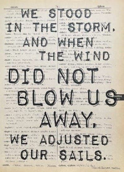 Dictionary page with the following quotation overprinted in heavy text: "we stood in the storm, and when the wind did not blow us away, we adjusted our sails. Elizabeth Edwards, modified'