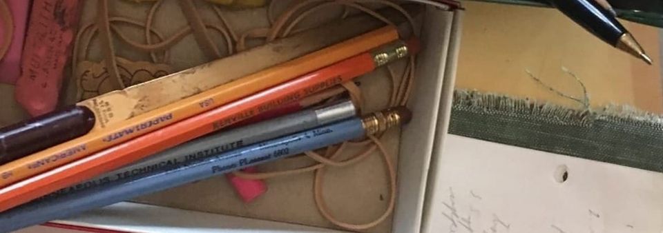 A mess of vintage office supplies and papers (pencils, pink erasers, rubber bands, 1980s vintage & earlier)