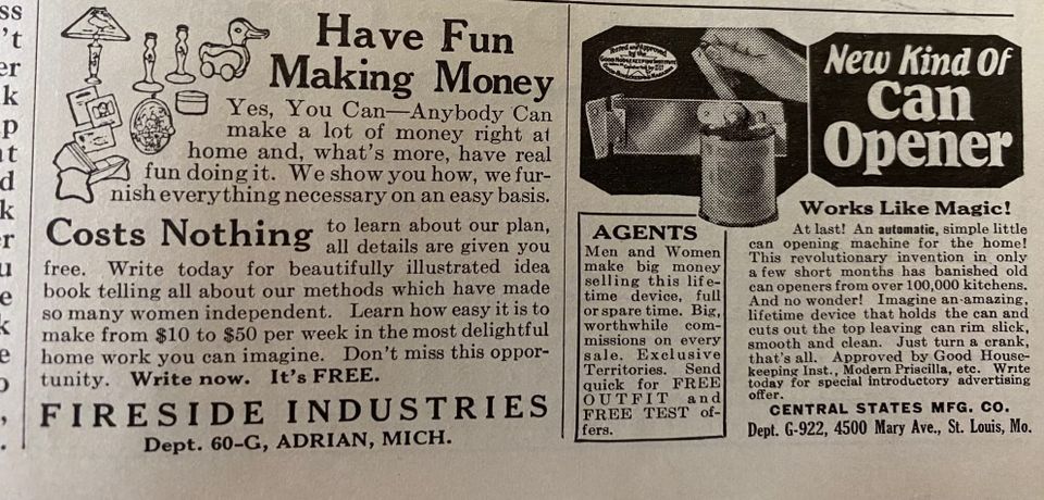 Vintage magazine B&W column adverts: 'Have fun making money' / Fireside Industries & 'New Kind of Can Opener' - Central States Mfg. Co. 