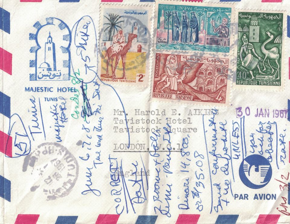 Airmail dated 30 JAN 1967 from Majestic Hotel (TUNIS) to Mr. HE Aikins at Tavistock Hotel in London. Multiple cancelled stamps & handwritten notes jotted atop the cancelled envelope.