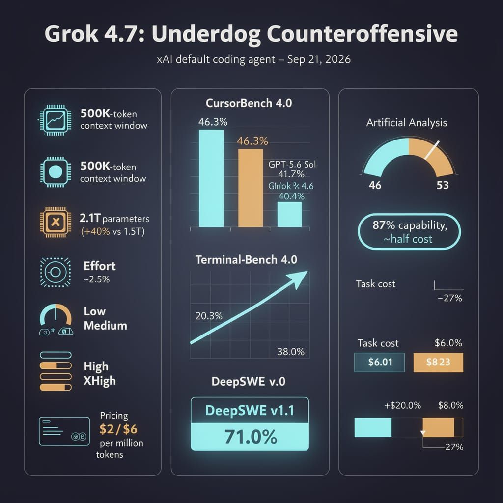 Grok 4.7 undercuts frontier rivals at half the token cost