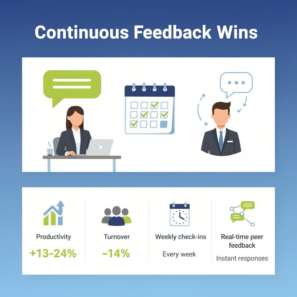 📊 Continuous feedback replaces annual reviews, boosting productivity 13–24%
