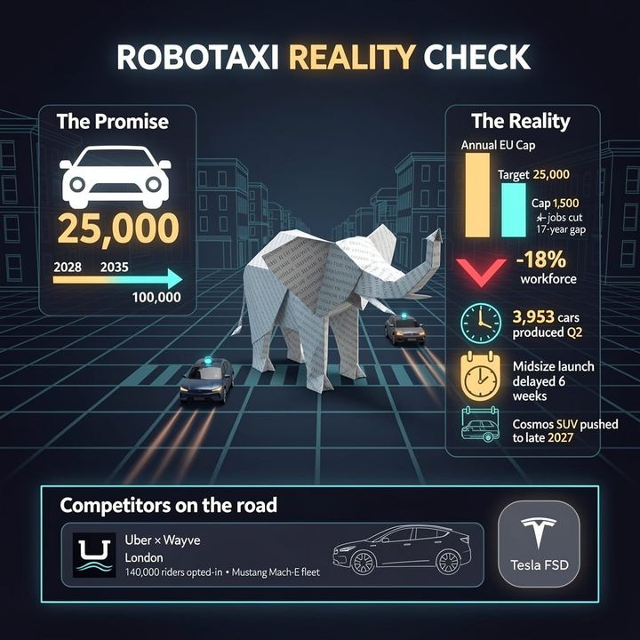 Autonomous electric robotaxi driving through an empty European city street at dusk, bank buildings blurred in the background.