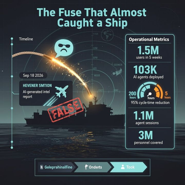 A U.S. military aircraft flying over open ocean near a cargo vessel, with a warning overlay indicating an intelligence alert.