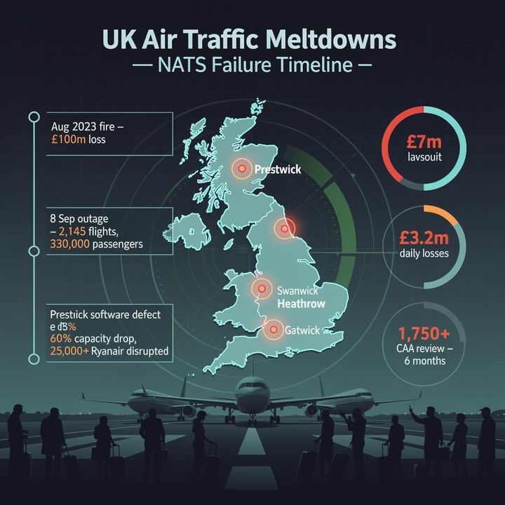 Air traffic control radar screens showing flight paths at a UK control centre, with aircraft symbols on a dark display.