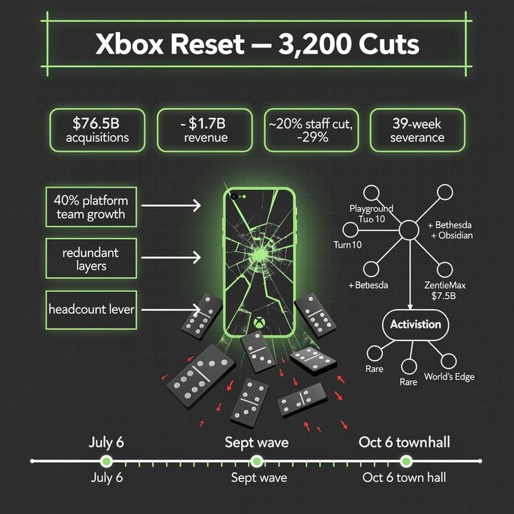 Xbox console controller on a desk beside a folded severance document and a reduction chart, in muted office lighting.