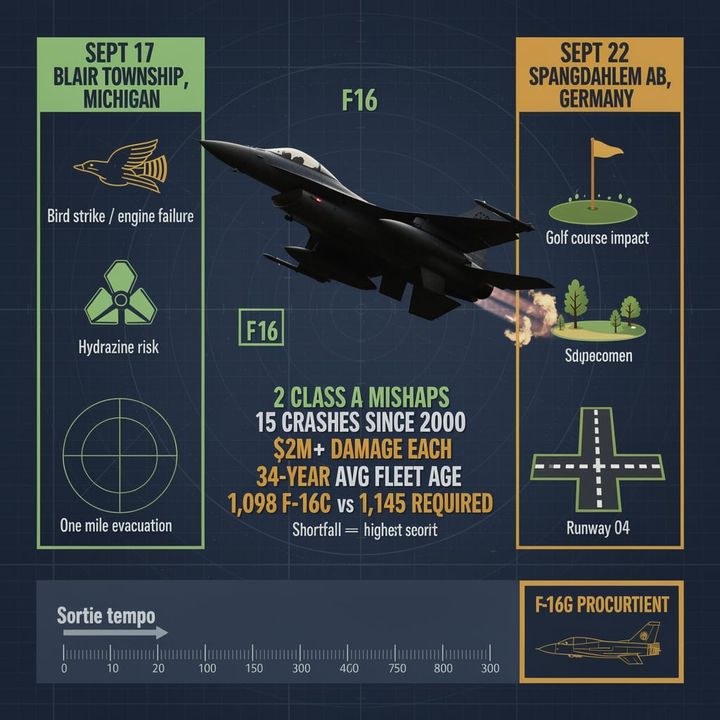 F-16 fighter jet streaking low over a suburban skyline, dark smoke rising in the background.