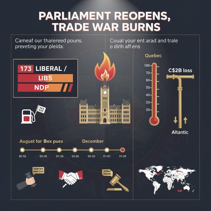 Canadian Parliament building exterior in Ottawa with a trading chart overlay symbolizing economic pressure