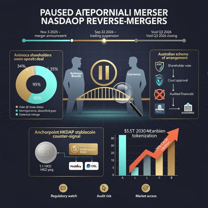 Graphic of a paused merger path between two company logos with a stablecoin token icon crossing into a Hong Kong exchange, set against a financial data background.