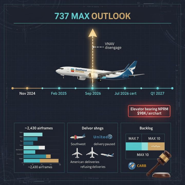 A Boeing 737 MAX aircraft on a tarmac with maintenance crews inspecting its underside and flight control surfaces.