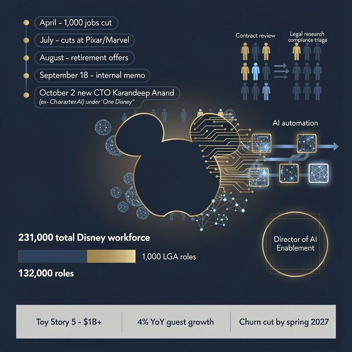 Walt Disney World corporate offices with an abstract holographic AI interface overlaid above the buildings.