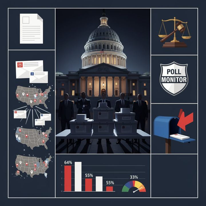 An American flag hung behind a stack of ballot boxes and legal documents on a clerk's desk.