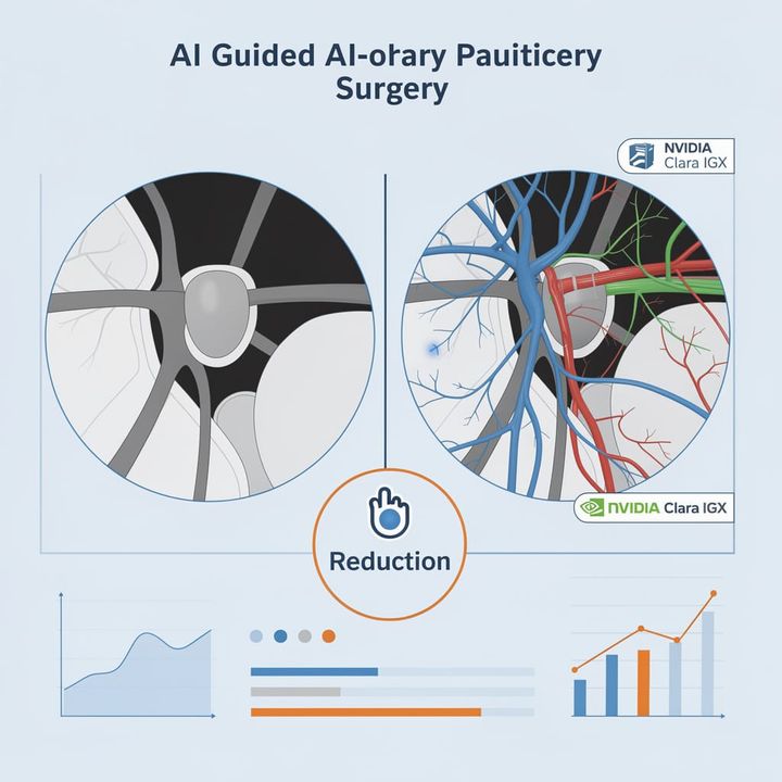 Surgeon viewing real-time AI color overlay on endoscopic video feed during pituitary tumor resection
