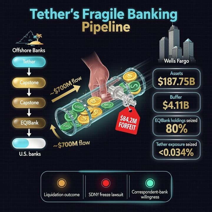 Illustration of a U.S. dollar bank chain linking Tether's stablecoin to offshore payment processing, with a forfeiture seal.