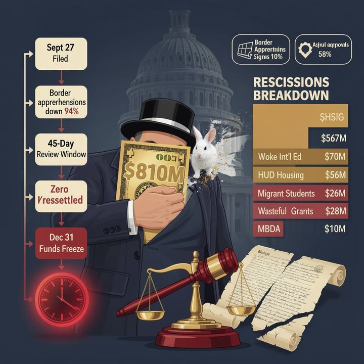 US Capitol dome in shadow beside documents labeled rescission, conveying the executive-legislative funding clash.