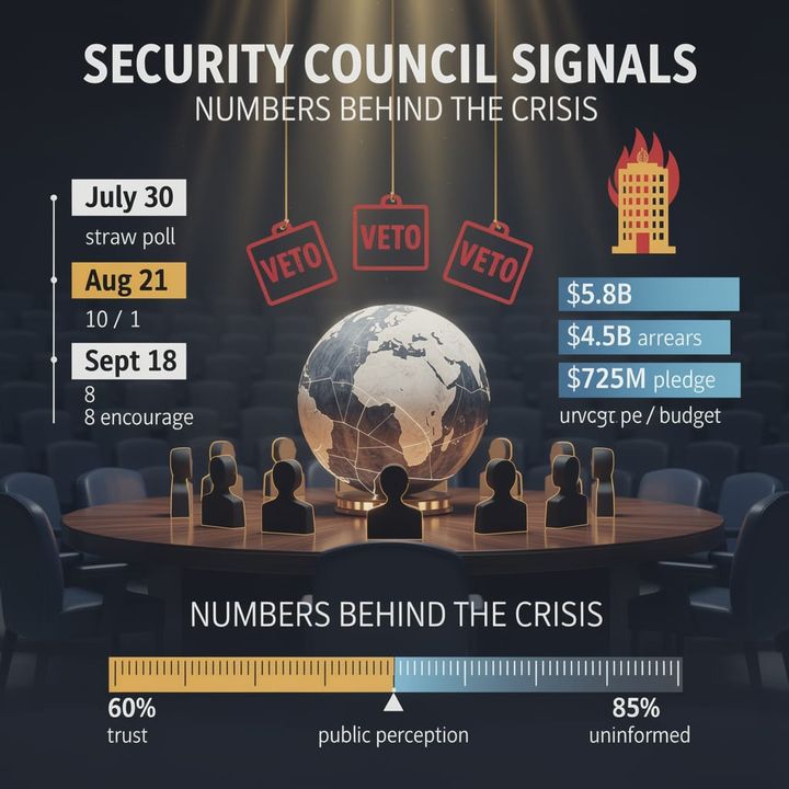 Eight portrait tiles of candidates circling the UN Security Council horseshoe table under a spotlight