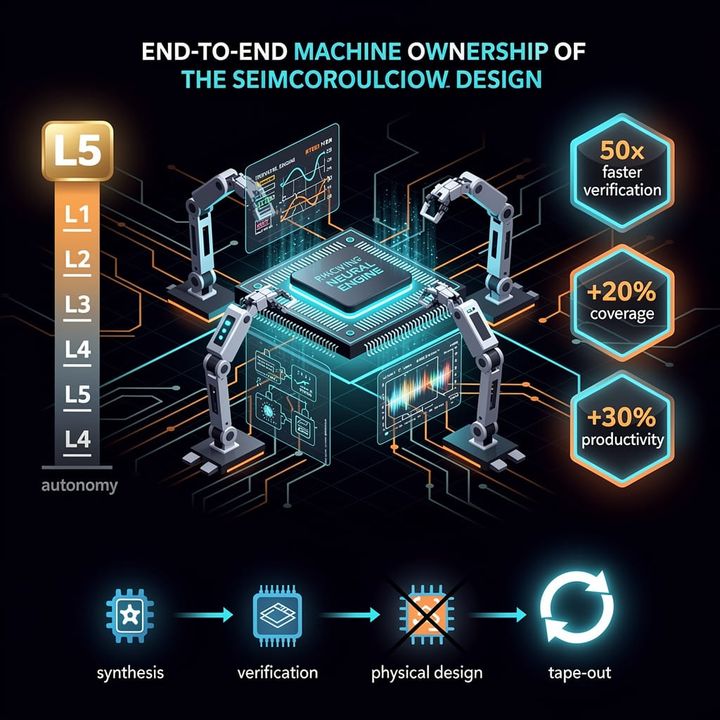 Illustration of an AI agent navigating autonomous chip design flow with verification and signoff stages.