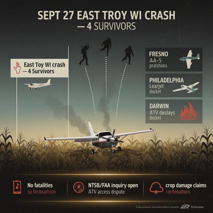 A single-engine Cessna 206 airplane resting amid mature cornstalks in a field near East Troy, Wisconsin, following a crash landing.