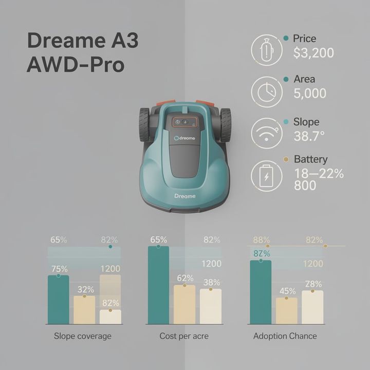 Dreame A3 AWD-Pro robotic mower on a sloped lawn with visible grass clippings and boundary marker flags