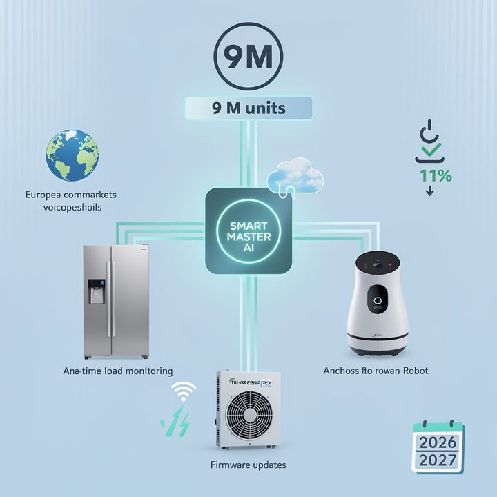 Midea AI-enabled home appliances displayed at IFA 2026 in Berlin, including refrigerator, oven, and smart control interface.
