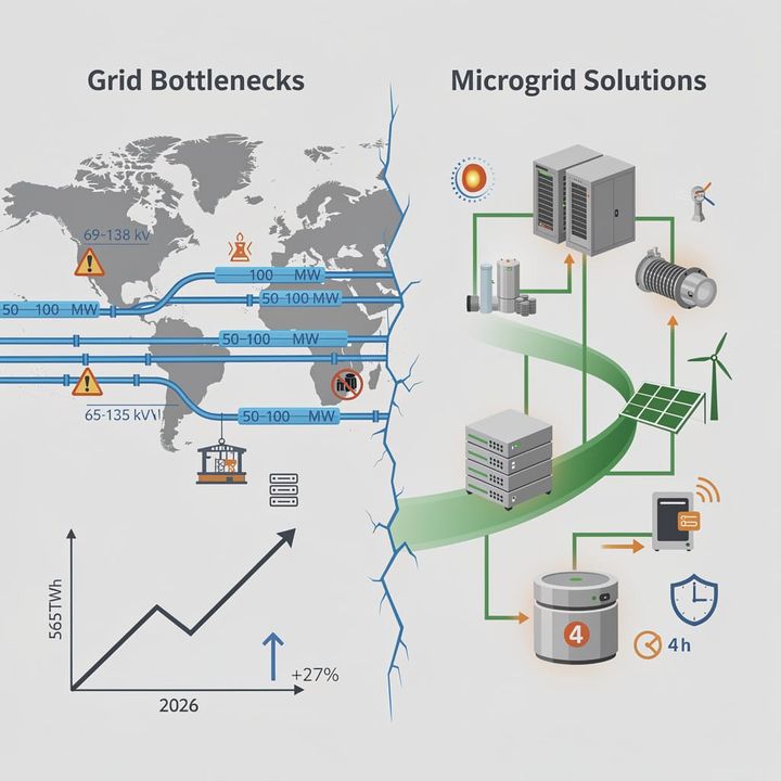 Aerial view of a data centre complex next to high-voltage transmission lines and substation transformers.