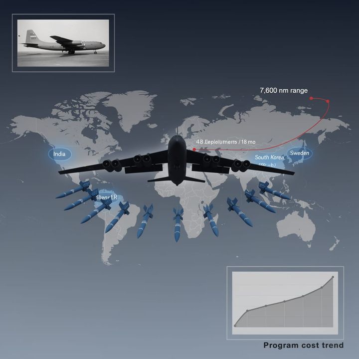 B-52 Stratofortress on tarmac with upgraded engine nacelles visible under overcast sky