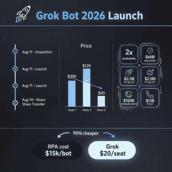 Grok Bot interface on a tablet showing automated scheduling and invoice drafting controls