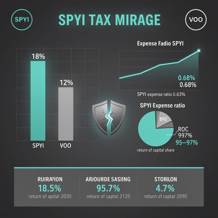 Chart comparing SPYI expense ratio and VOO expense ratio side by side with tax liability annotations