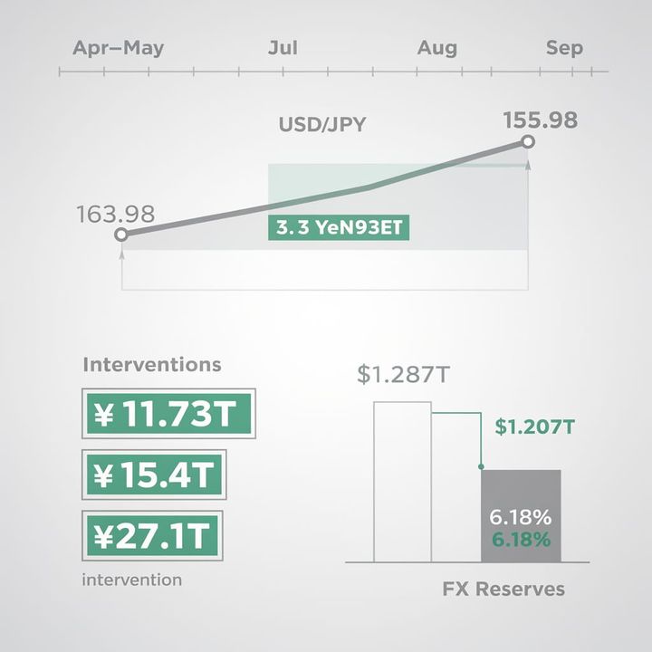 USD/JPY exchange rate chart showing a narrow recovery from 163.98 to 155.98 after massive intervention spending