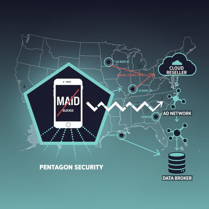 Map highlighting U.S. military bases in the Middle East with unsettling data flow lines connecting mobile devices to broker databases to Iranian intelligence.