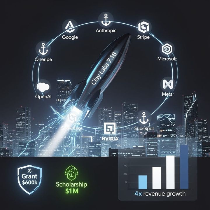 Clay Labs logo and AI agent interface on a dark background with upward growth chart