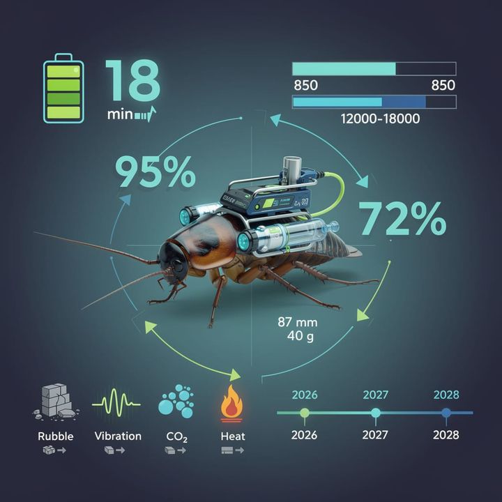 Giant burrowing cockroach fitted with backpack-mounted syringe assembly and control electronics on a lab testing surface.