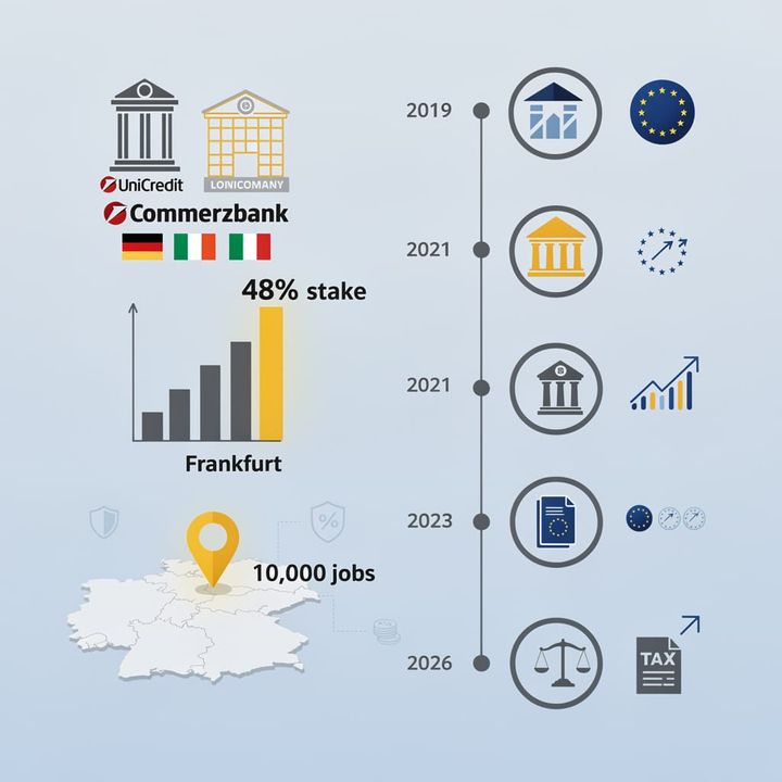 Chart showing UniCredit’s rising ownership stake in Commerzbank from 9% to 48% between March and July 2026