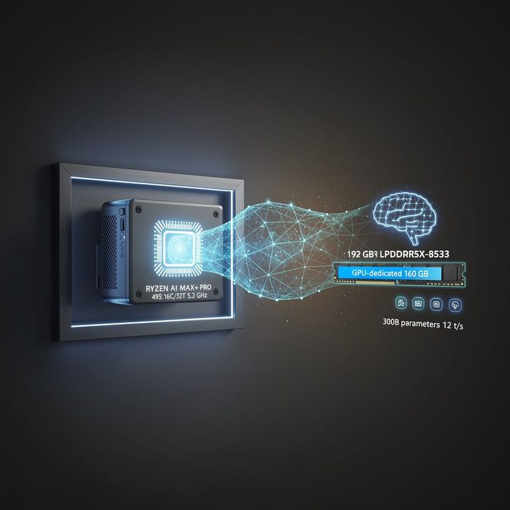 CHUWI UniBox AI495 Pro mini PC mounted on a wall with AMD Ryzen AI MAX+ PRO 495 processor.